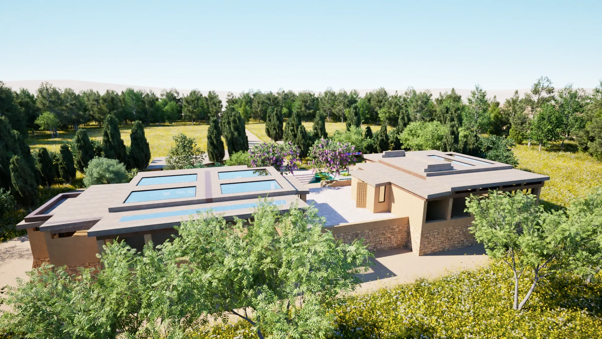 Courtyard view of the wellness retreat with cypress walk and meadow