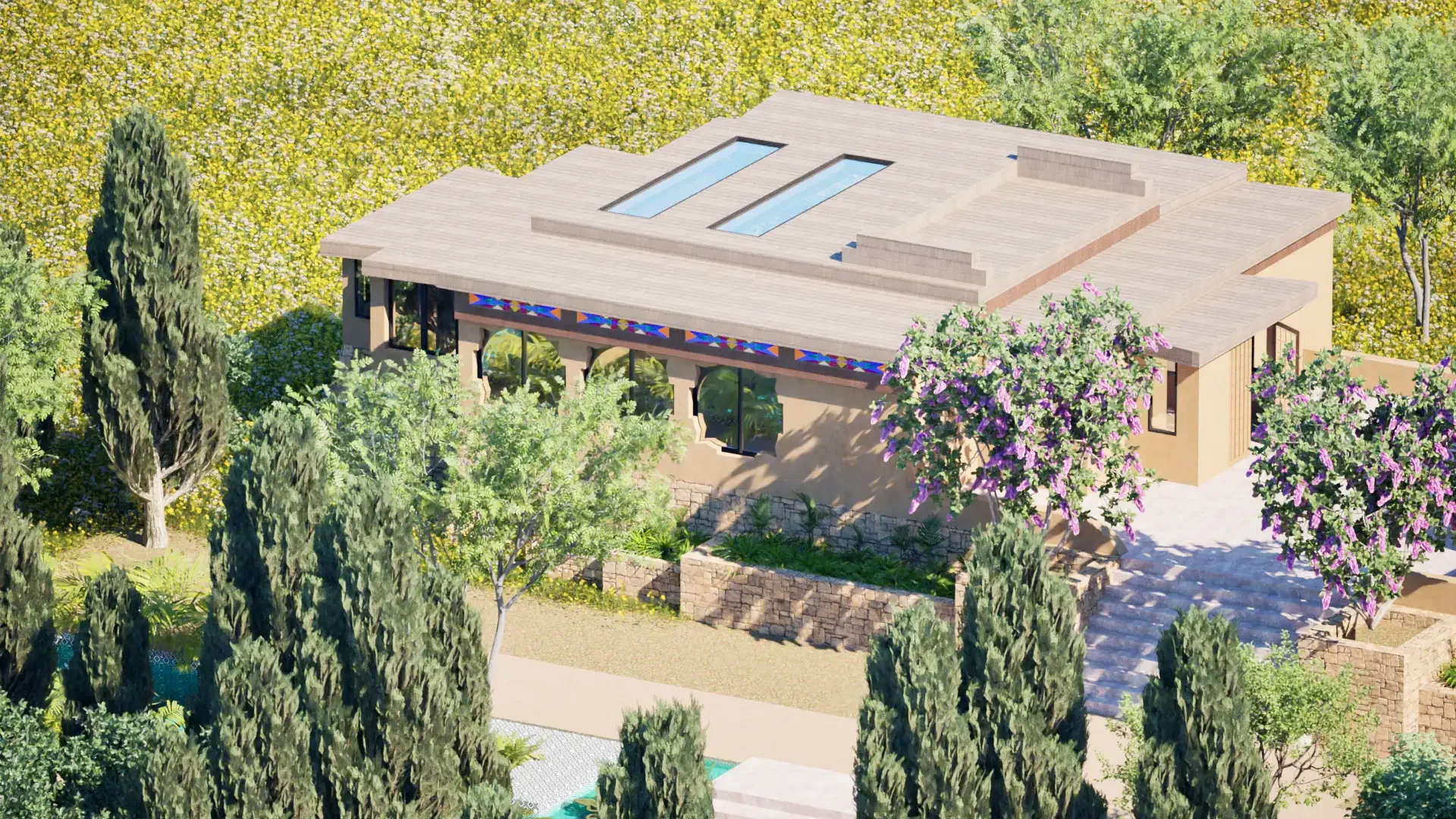 Pavilion with terraced planting beds and flowering trees
