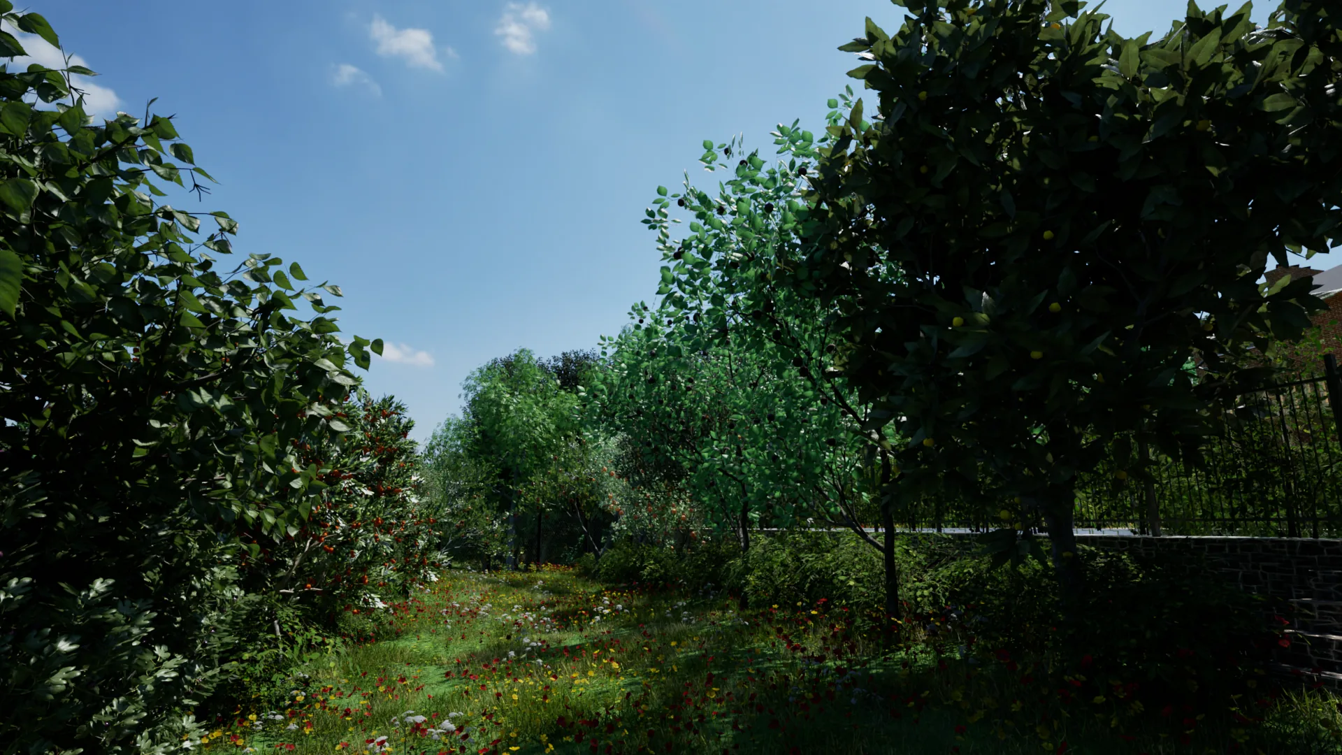 Self-reliance food forest with layered plantings and deer fencing